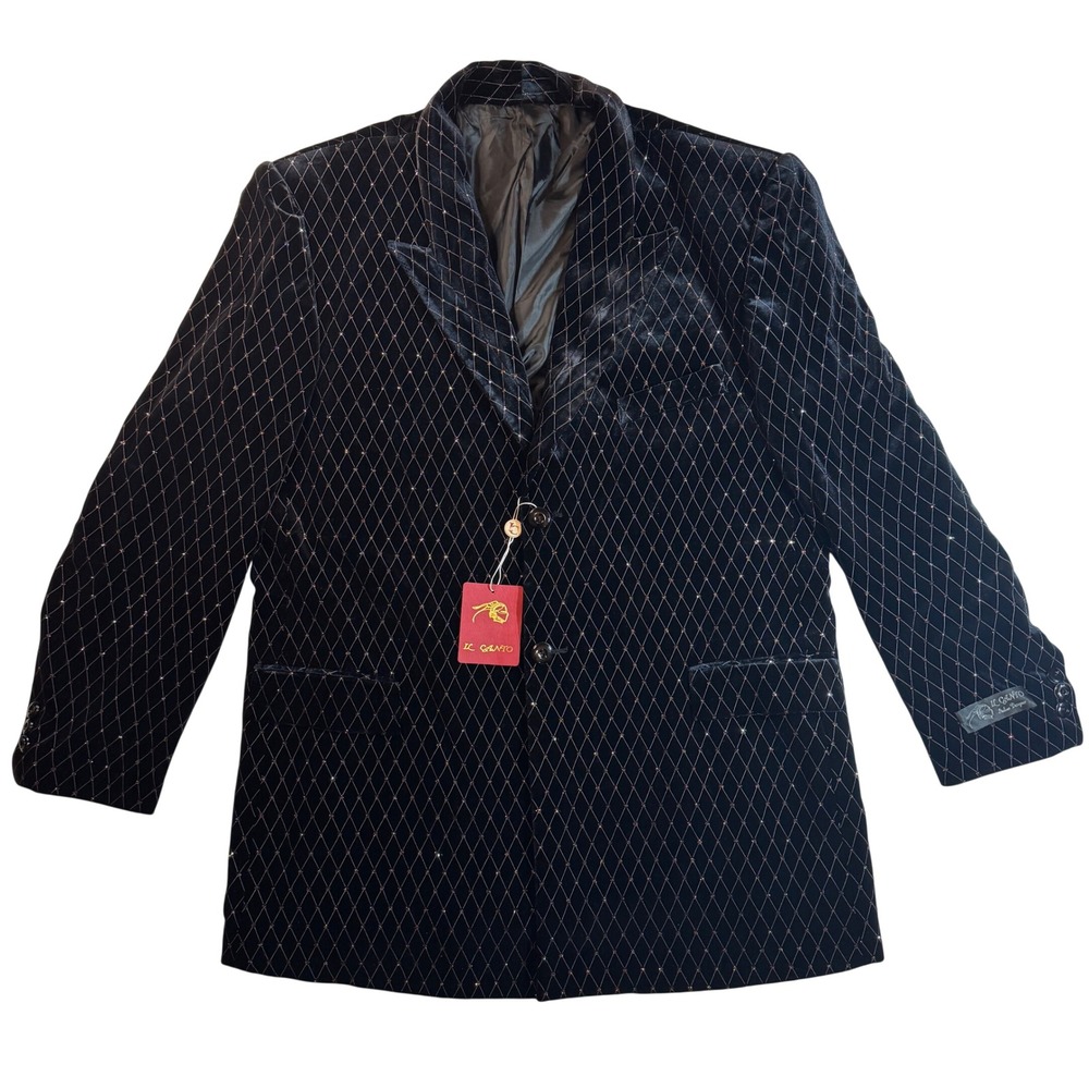 Vintage‎ IL Canto Italian Designer Black Velvet Diamond Pattern Blazer Men's 46R